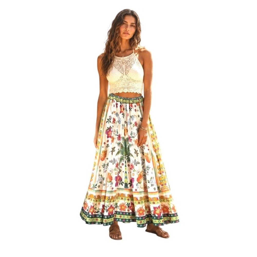 Rachel Zoe Maxi Skirt L Linen Blend Colorful Resort Floral Tropical Print NWOT